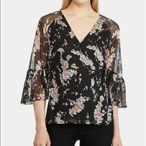 RALPH LAUREN Blk Floral Side Tie Wrap Casual Top